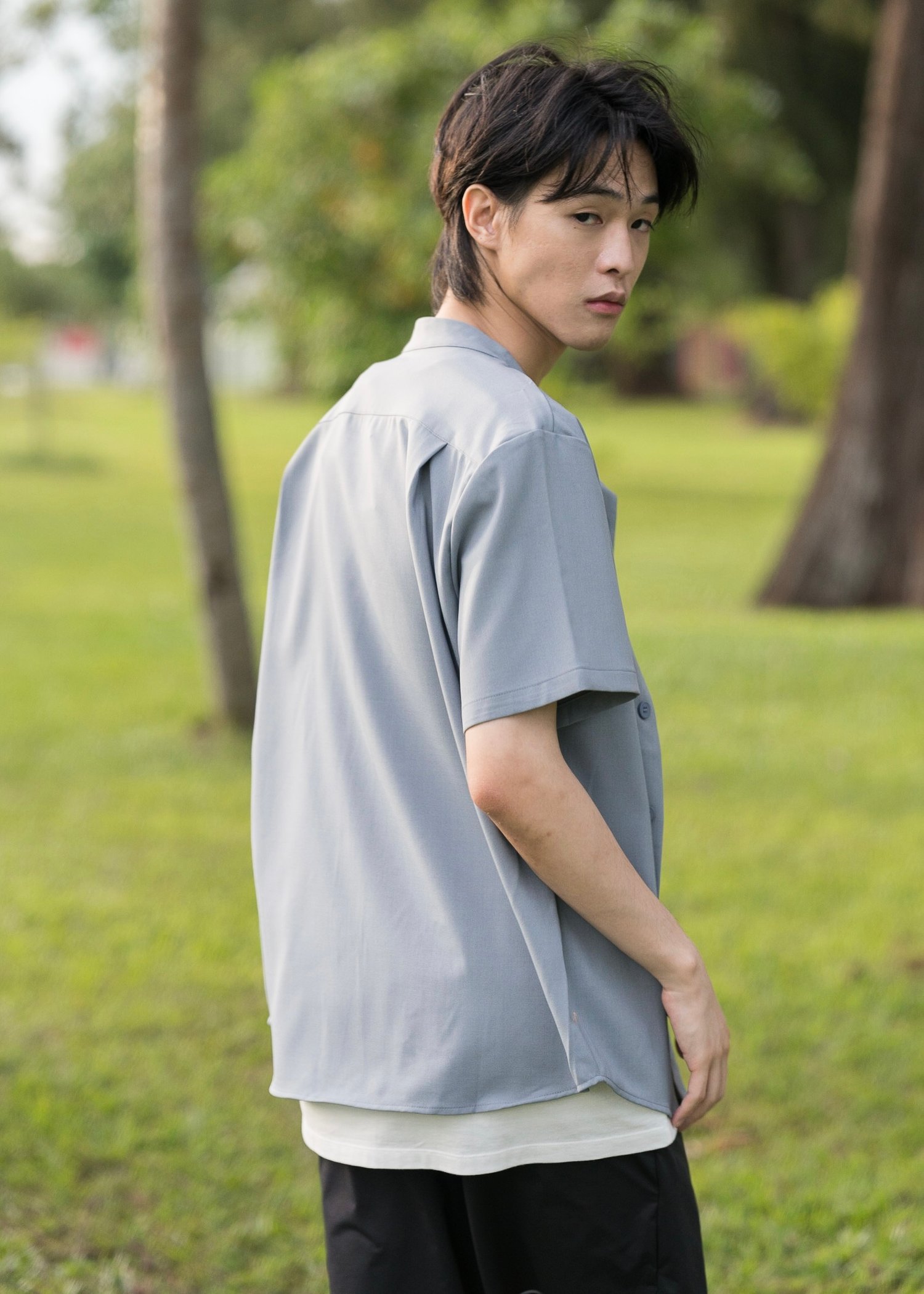 Lay Mandarin Collar Short Sleeved Shirt (Ocean Blue)