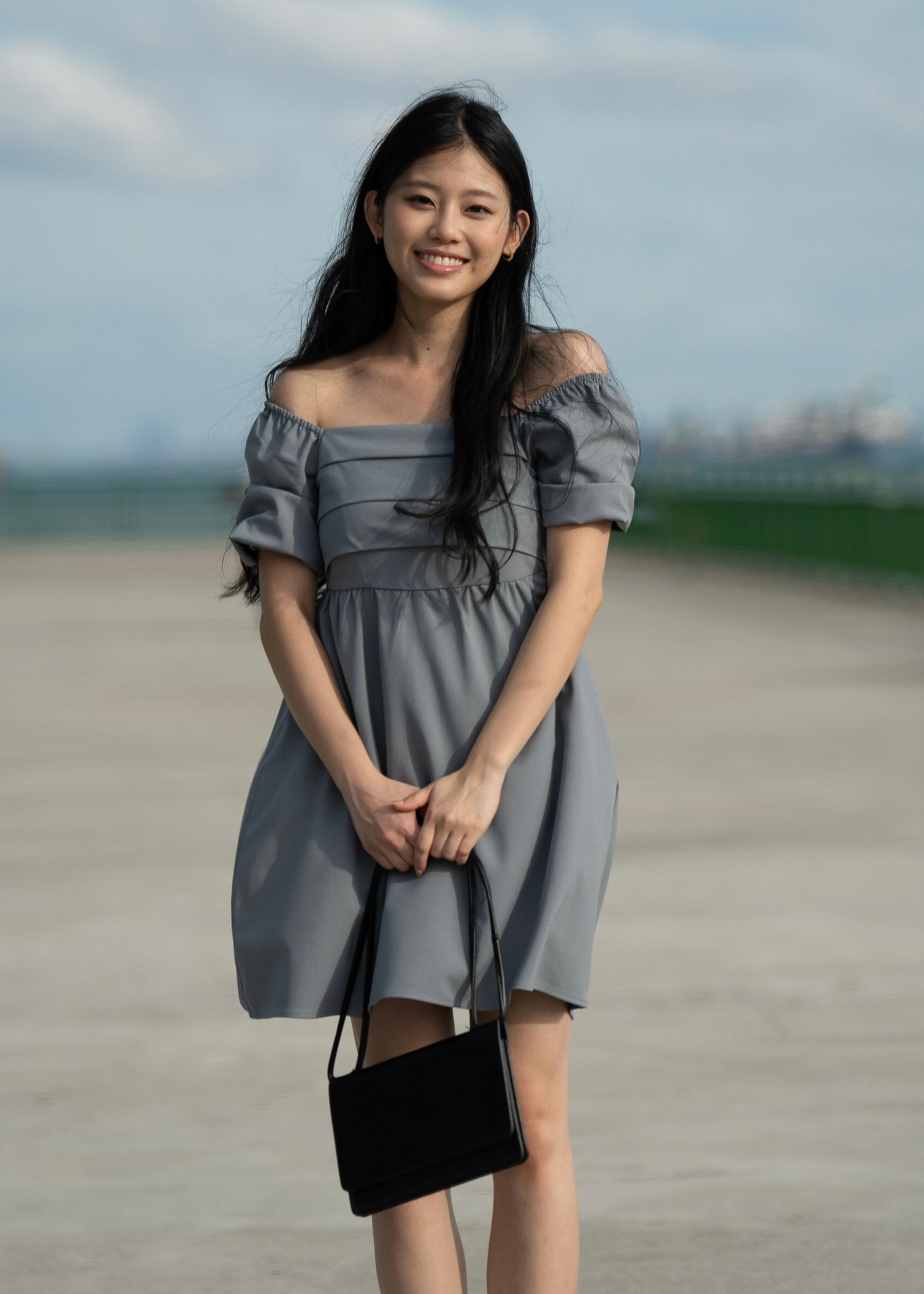 May Puffy Sleeve Pleated Babydoll Dress (Ocean Blue)