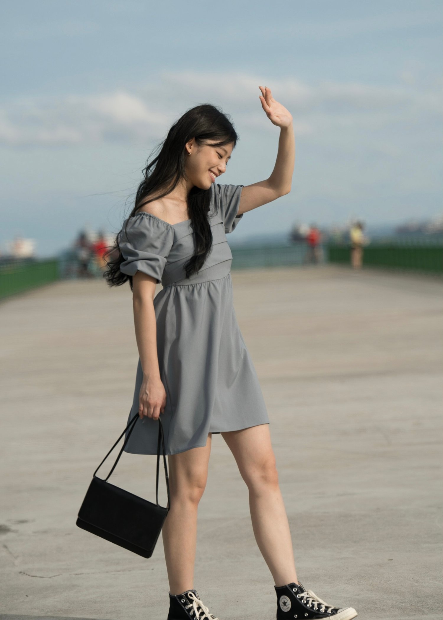 May Puffy Sleeve Pleated Babydoll Dress (Ocean Blue)