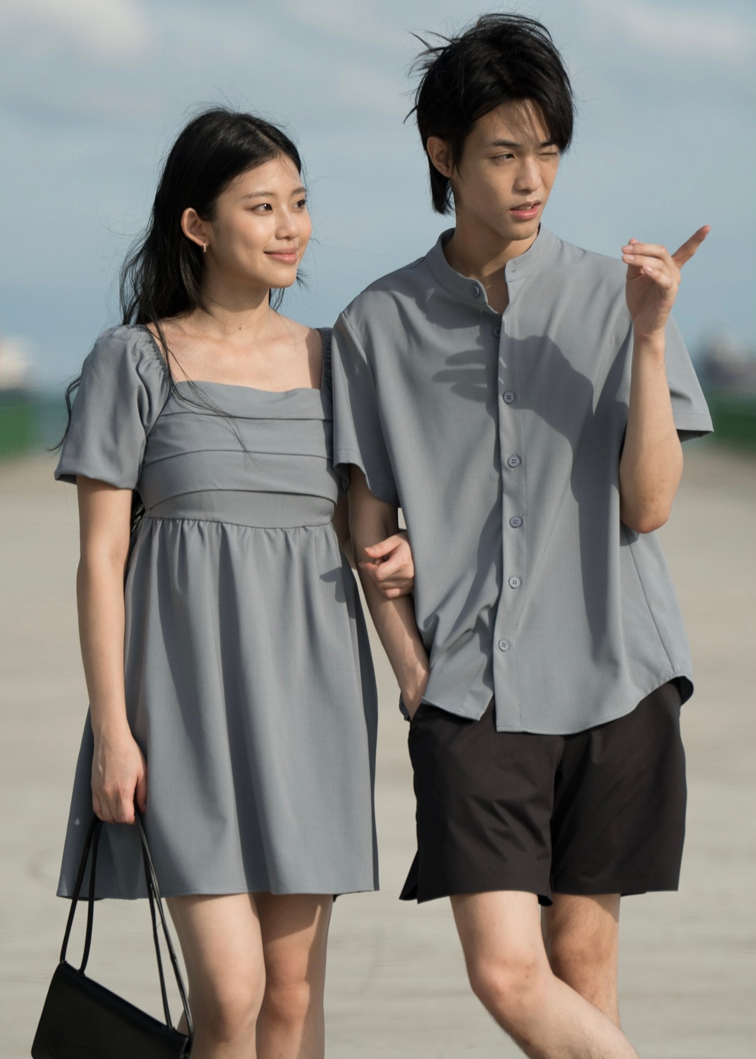May Puffy Sleeve Pleated Babydoll Dress (Ocean Blue)