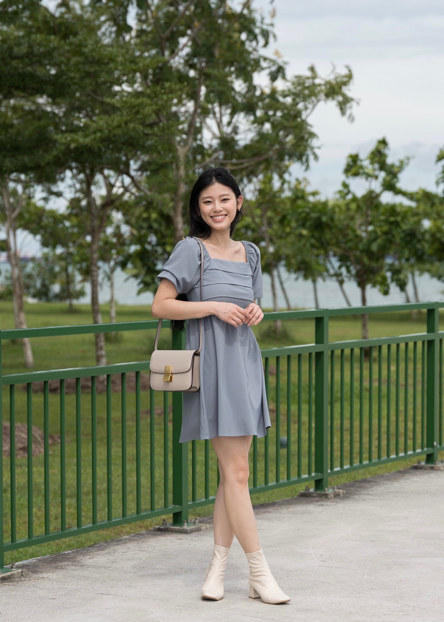 May Puffy Sleeve Pleated Babydoll Dress (Ocean Blue)