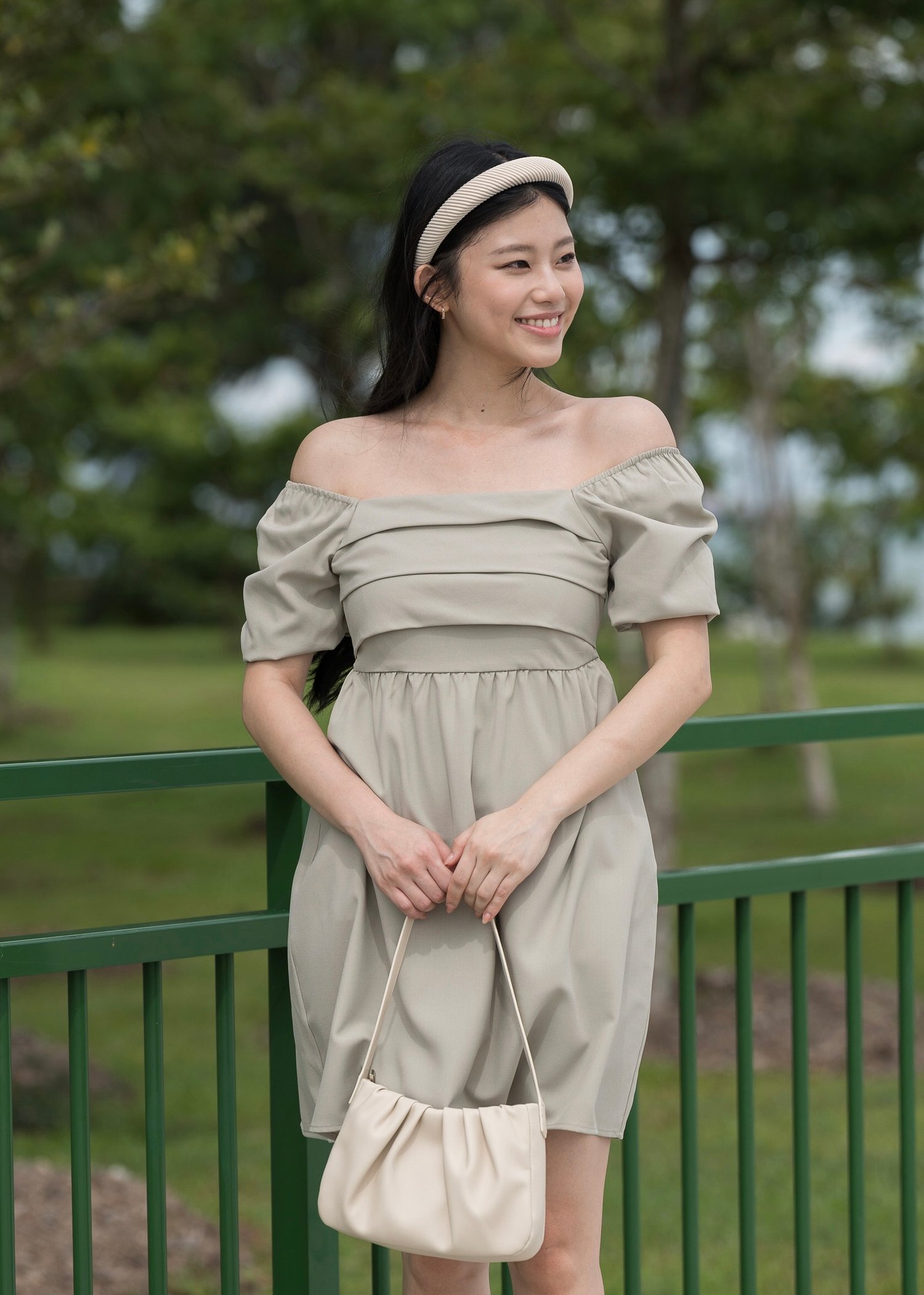 May Puffy Sleeve Pleated Babydoll Dress (Dust Sage)