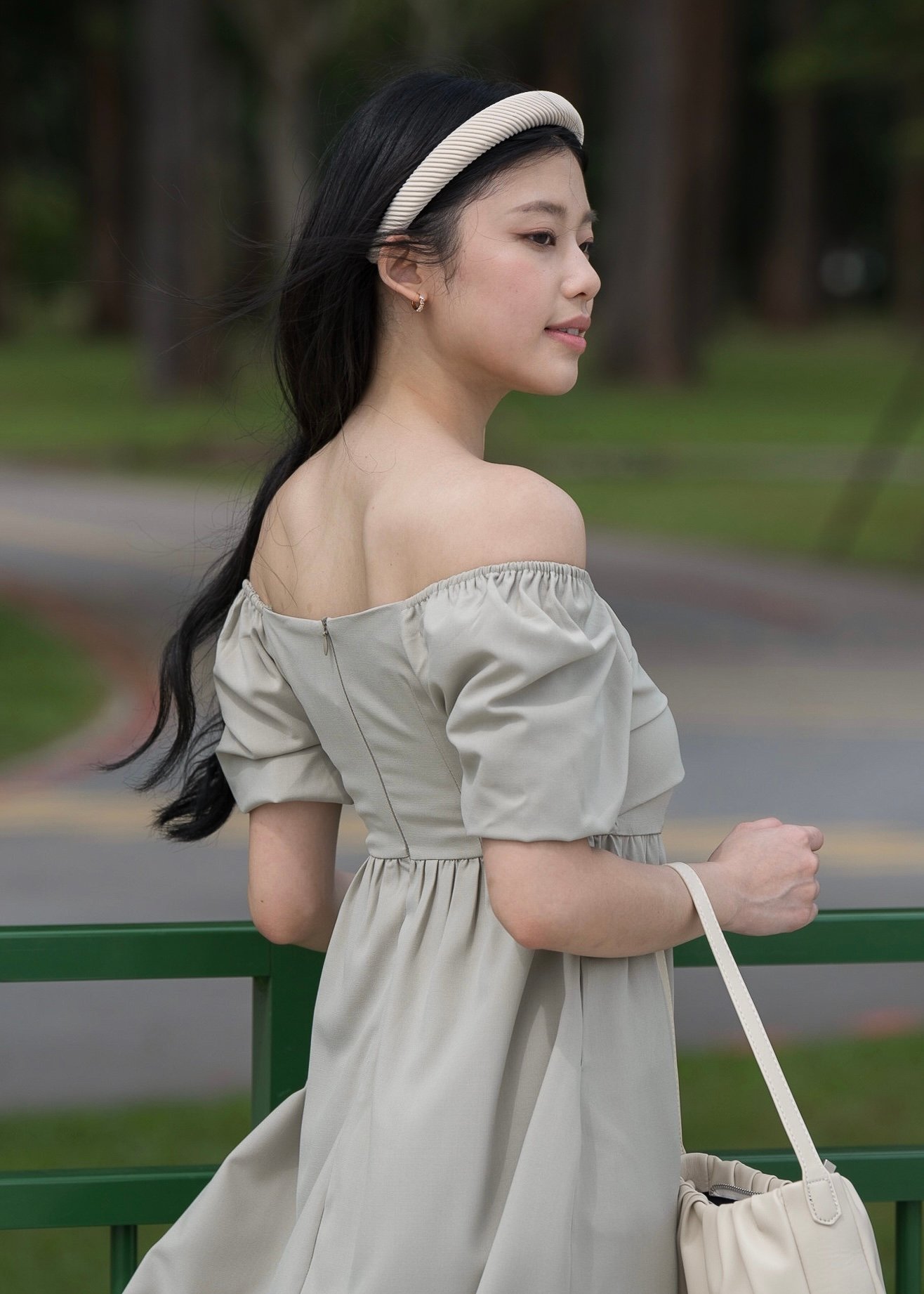 May Puffy Sleeve Pleated Babydoll Dress (Dust Sage)