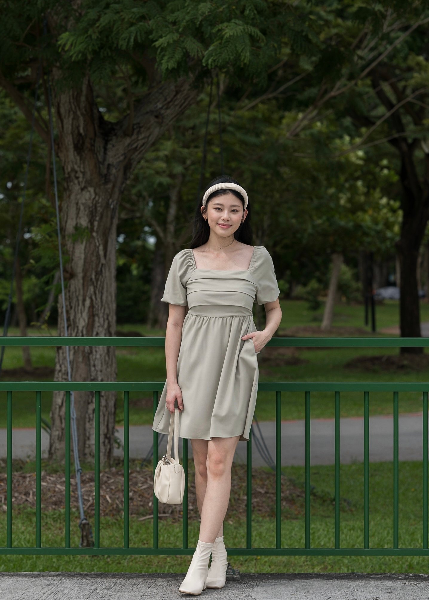 May Puffy Sleeve Pleated Babydoll Dress (Dust Sage)