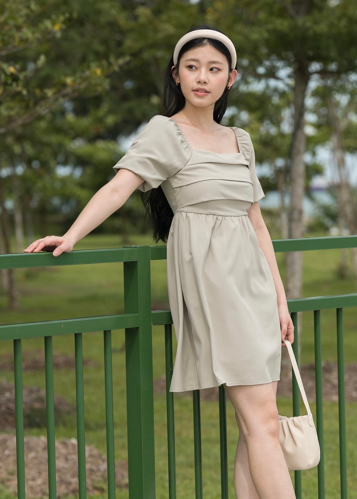 May Puffy Sleeve Pleated Babydoll Dress (Dust Sage)